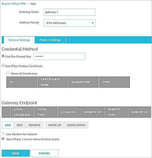 Screen shot of the gateway settings